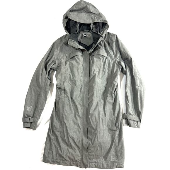 REI Women’s Gray Waterproof Rain Trench Coat Hooded Jacket Size M Nylon - Picture 1 of 10